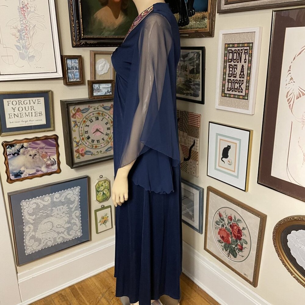 70s Vintage Navy Blue Gown With Sheer Sleeves & Embroidered V-Neck Size XL - Picture 4 of 5